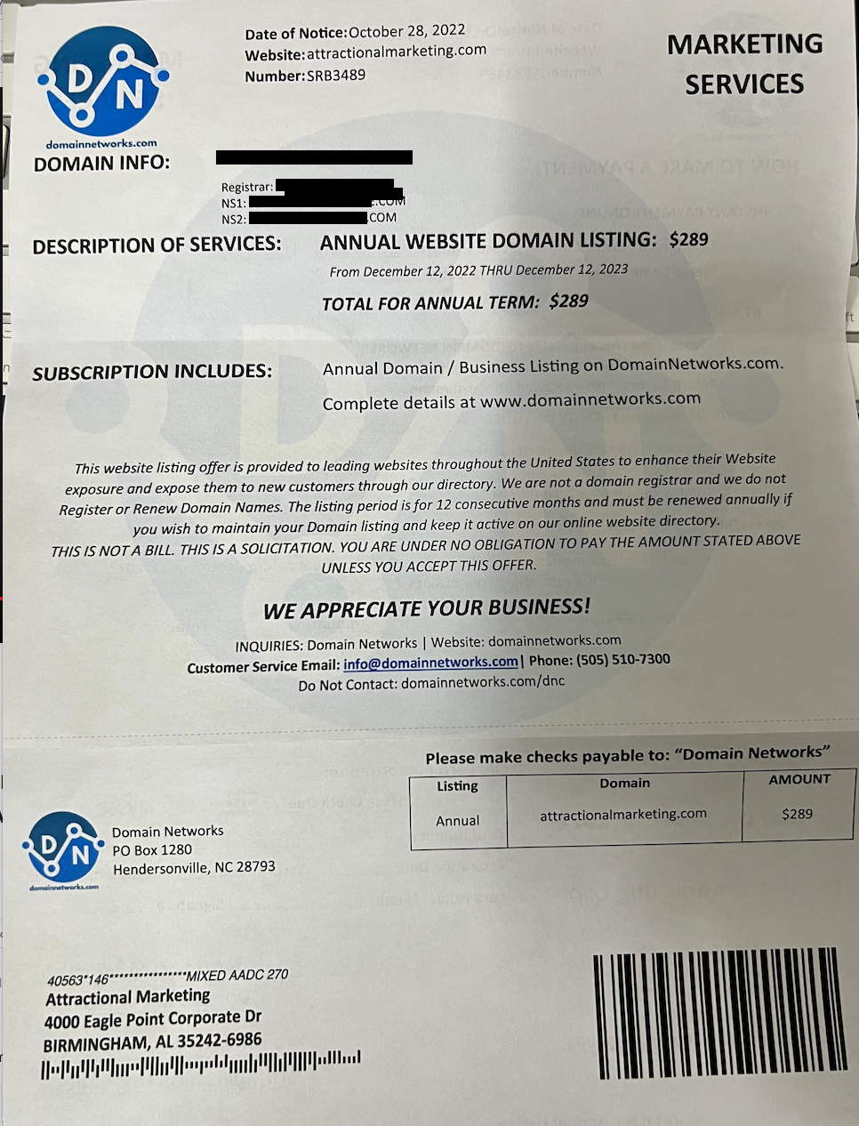 domain networks invoice scam