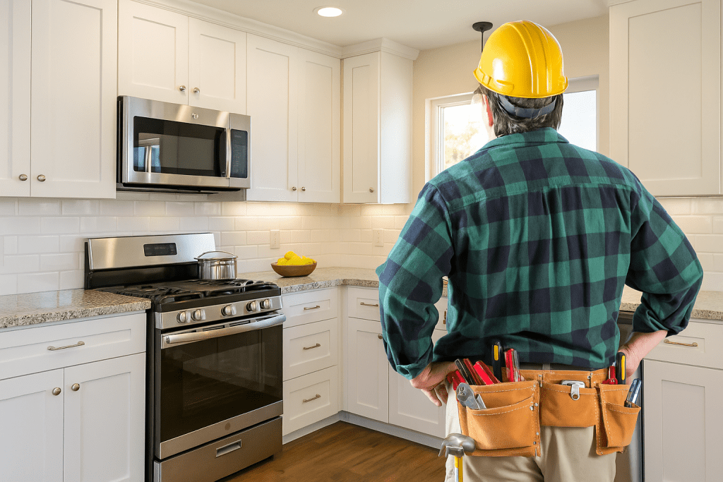 Local Remodeling Company contractor inspects modern renovated master bathroom