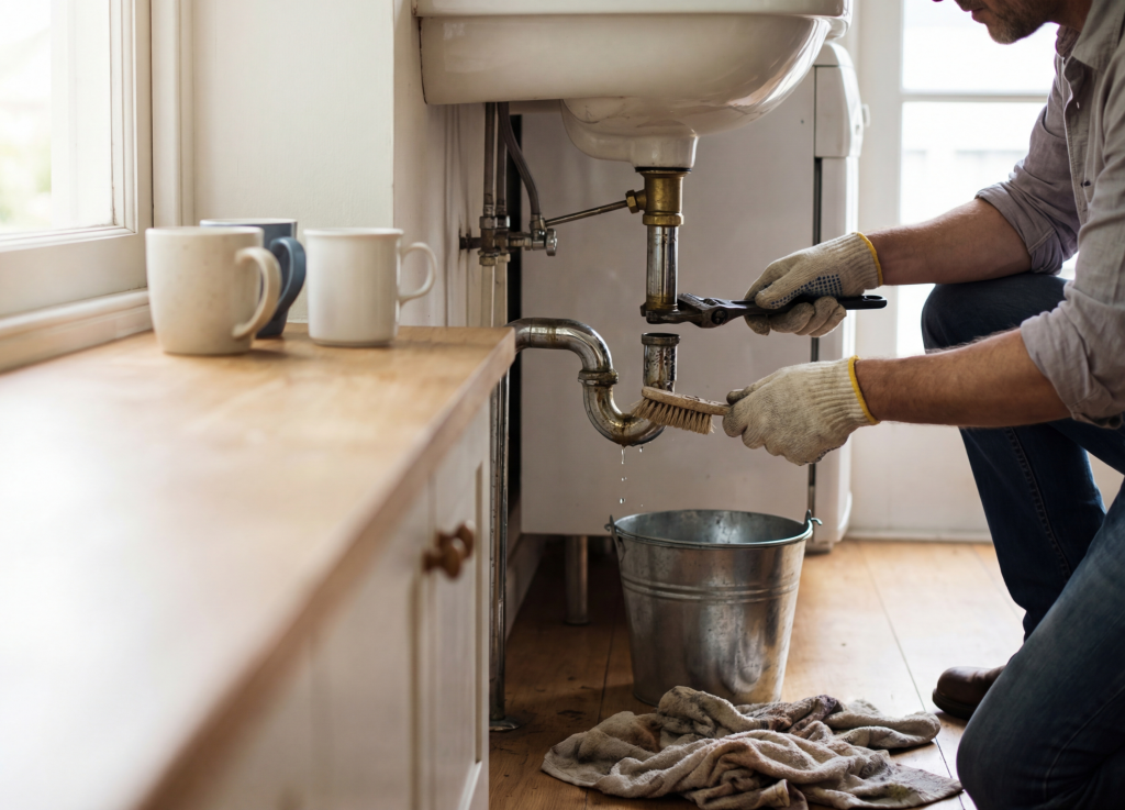 plumber using a wrench and brush to repair a leaking pipe under a bathroom sink