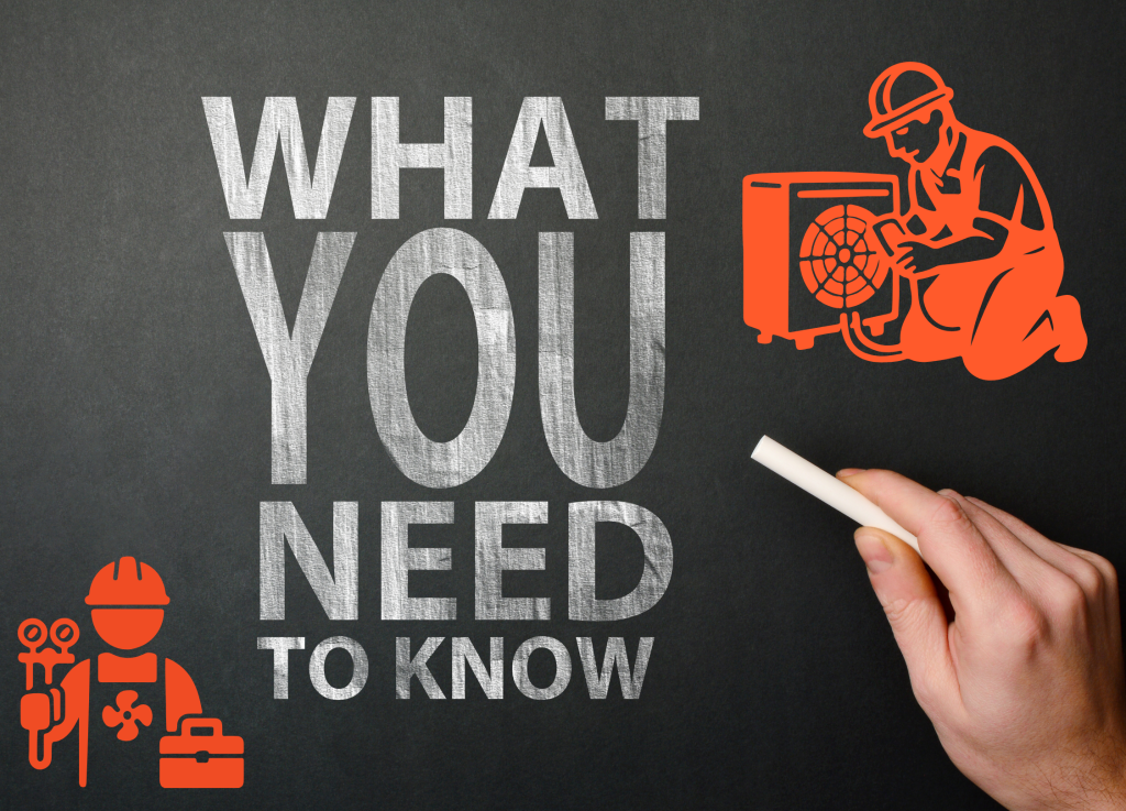 hand holding white chalk writing 'What You Need To Know' on a blackboard, featuring orange line-art icons of a HVAC technician repairing an air conditioning unit and industrial safety symbols