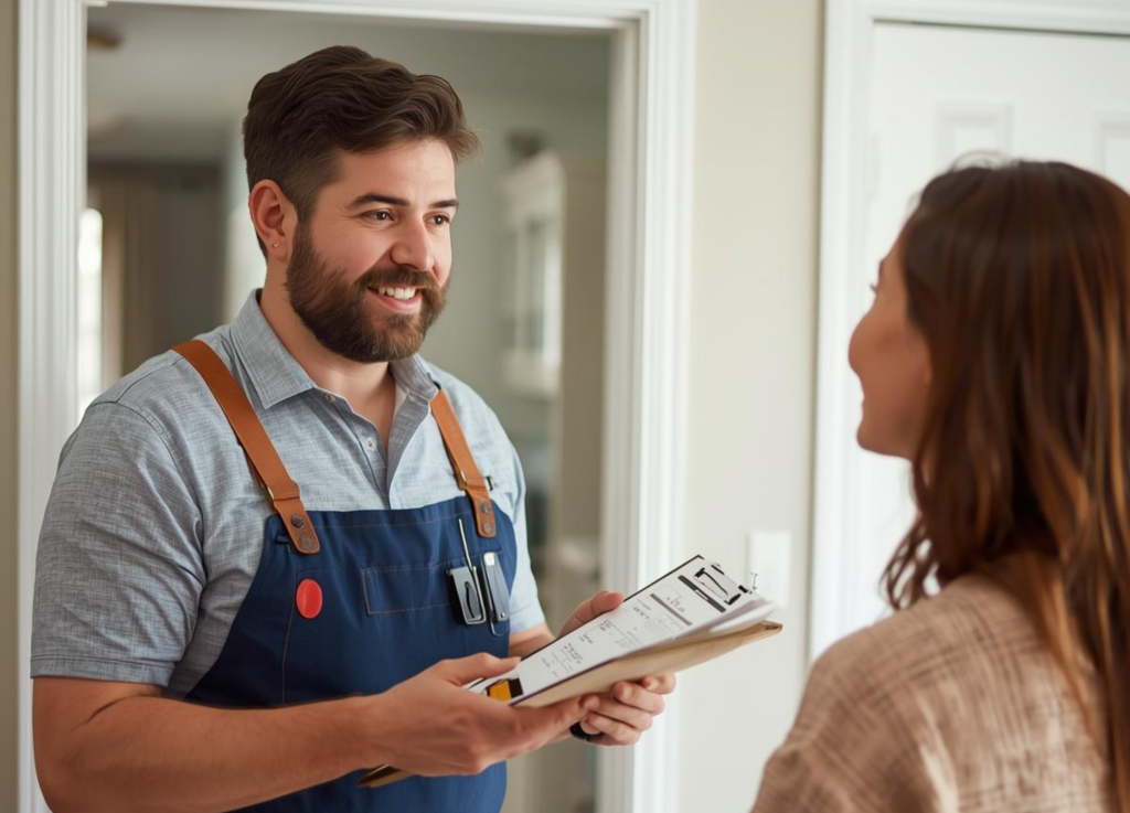 smiling service technician in a blue apron holding a clipboard while talking to a female homeowner