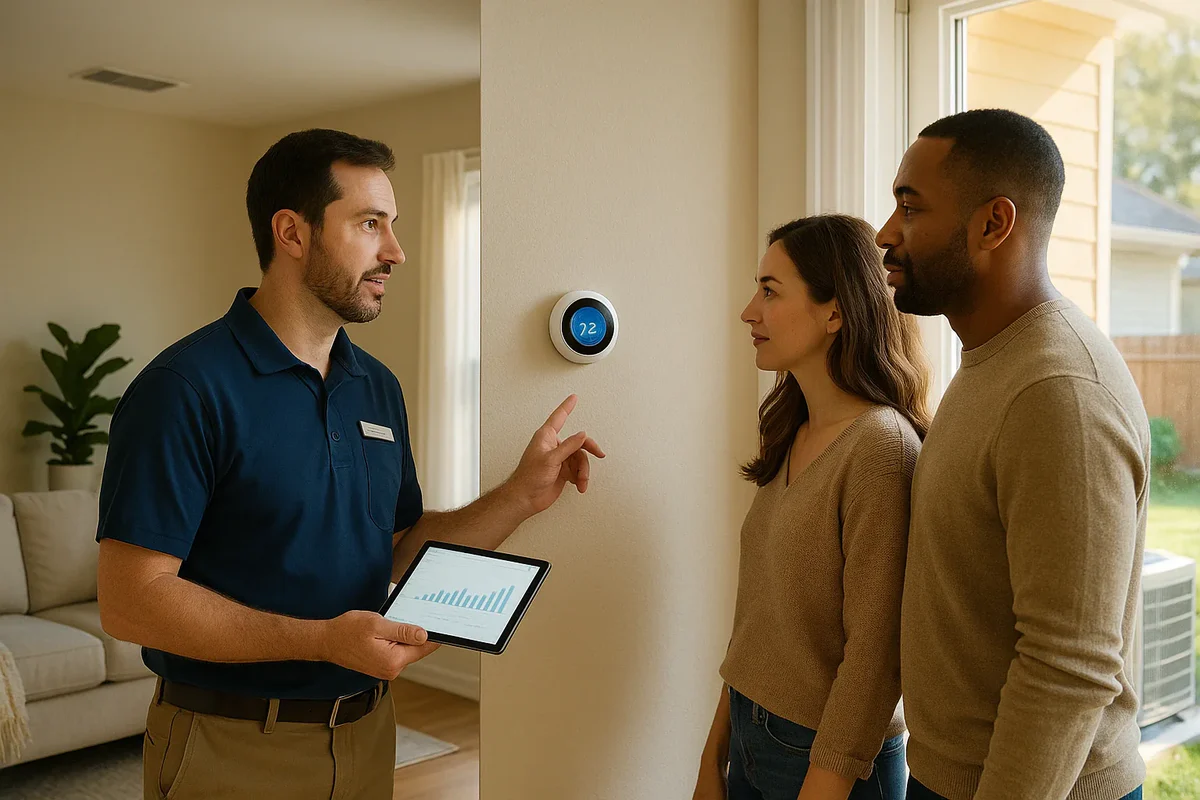 HVAC technician explaining air conditioning system to homeowner, illustrating how social media builds trust for local HVAC companies