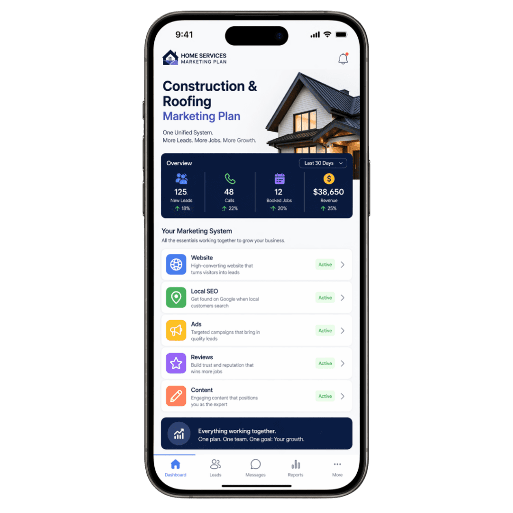 Smartphone displaying construction and roofing marketing plan mobile dashboard