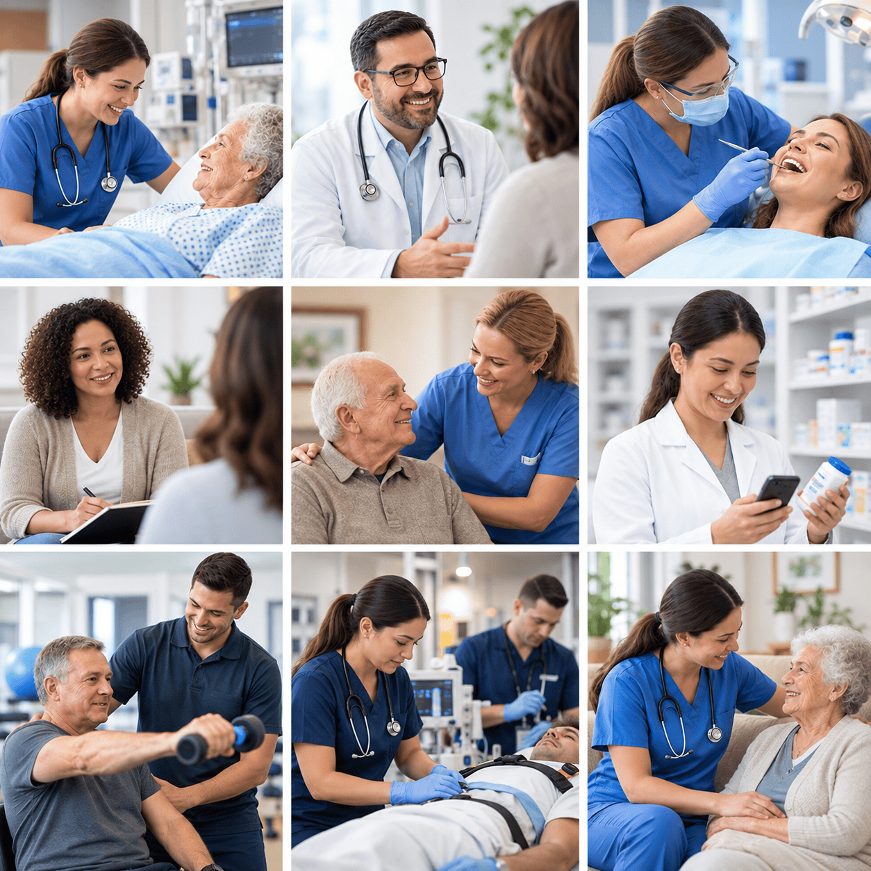 A photo collage showing diverse medical services, including doctors consulting patients, dental care, physical therapy, nursing care, and pharmacy services, representing a comprehensive healthcare marketing campaign