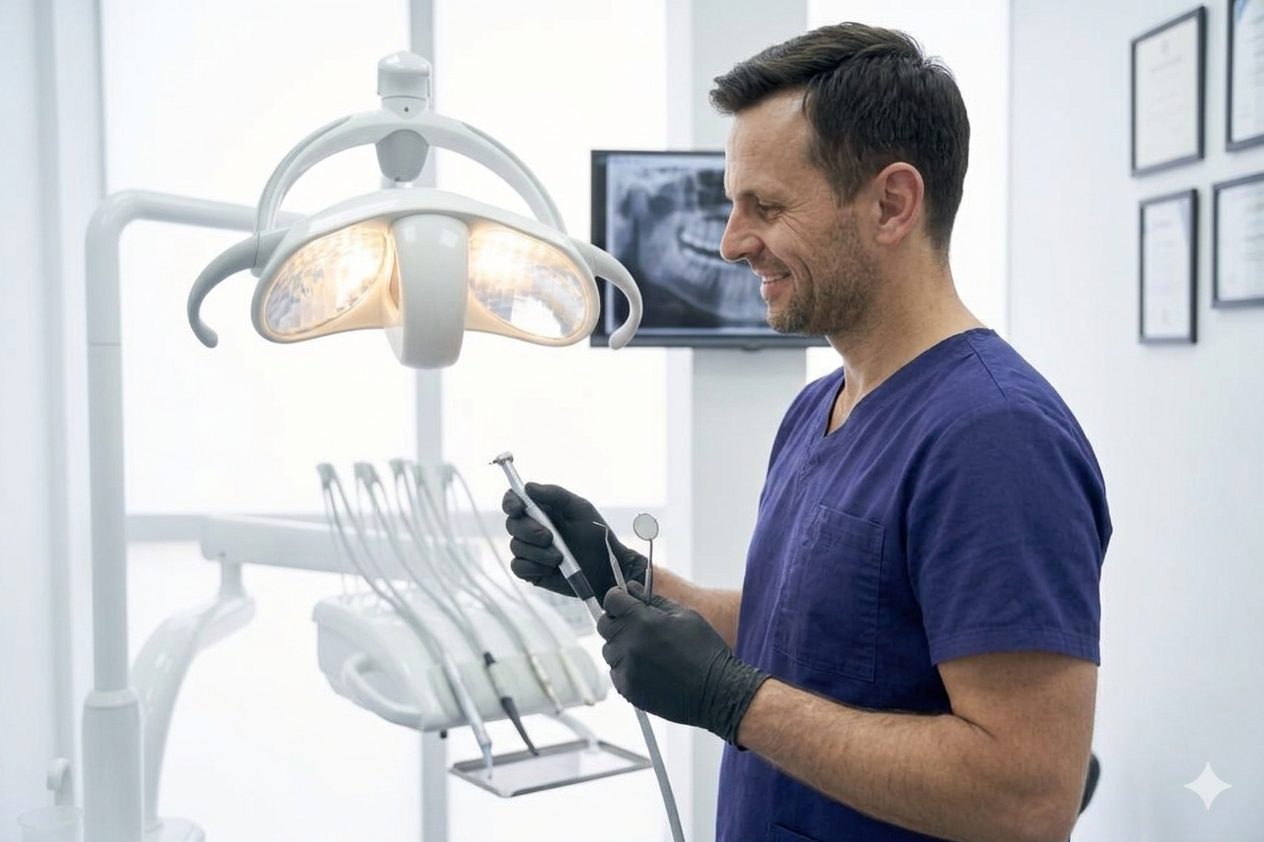 A smiling male dentist wearing blue scrubs and black gloves holding dental instruments in a modern clinic exam room