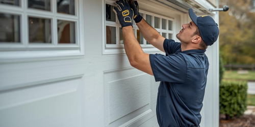 technician in a navy uniform and tool belt inspecting the track and panels of a white residential garage door
